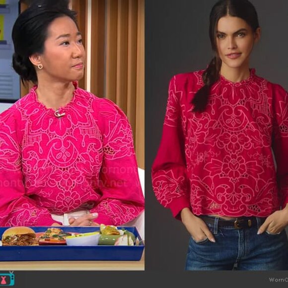 Anthropologie Tops - Anthropologie Women The Lainie Longsleeve Lace Cutwork Blouse Pink XL LinenBlend